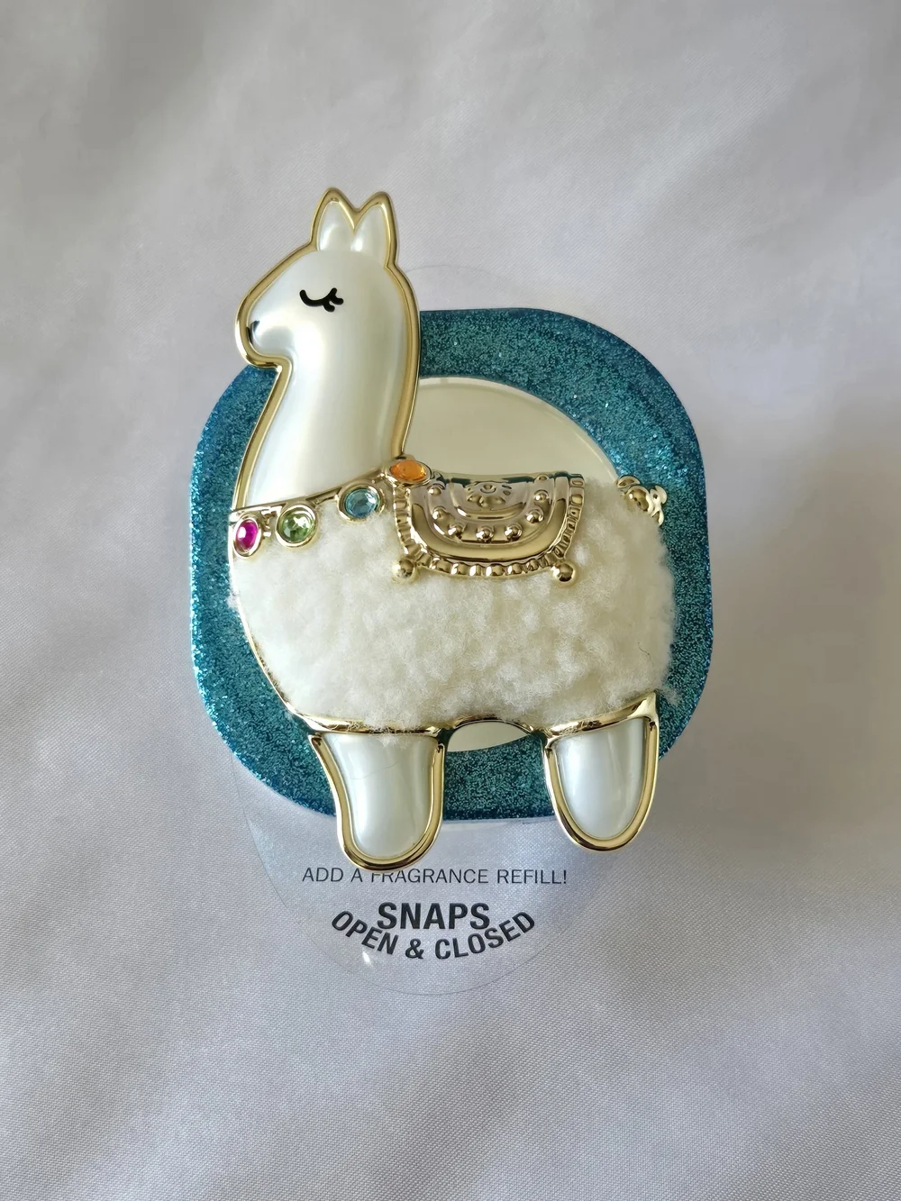 Bath & Body Works White and Gold Llama Fragrance Clip with Teal Backing